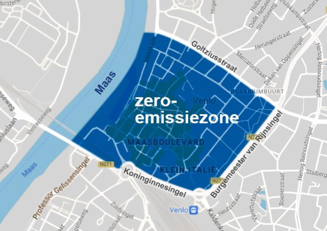 Kaartje met locaties zero emissiezone Venlo
